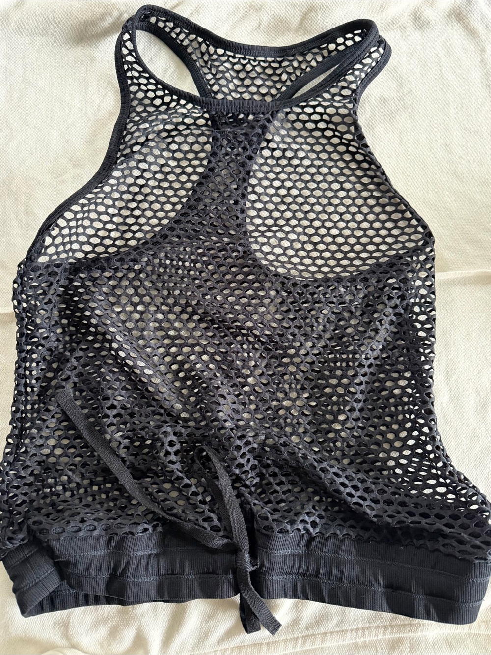 Fabletics Black Mesh Racerback Tank Top XXS Open Knit Tie Waist